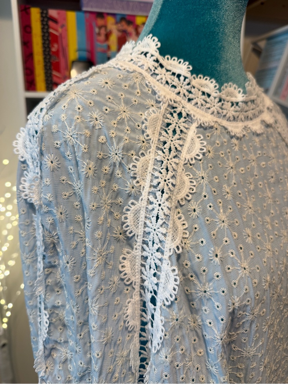 SHEIN Light Blue Eyelet Lace Long Sleeve Blouse - Picture 5 of 15